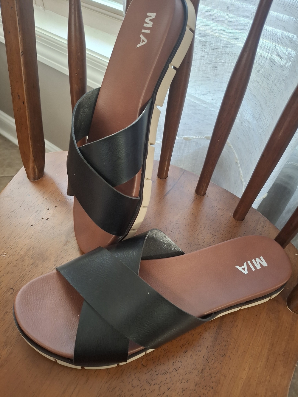 MIA Black Cross-Band Slide Sandals